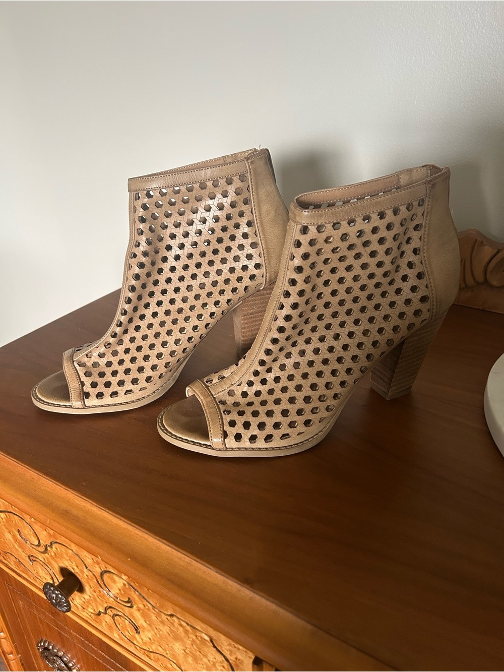 Report Taupe Perforated Peep-Toe Heeled Booties